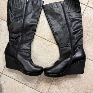 Black Wedge below knee platform Boots Wide 12
